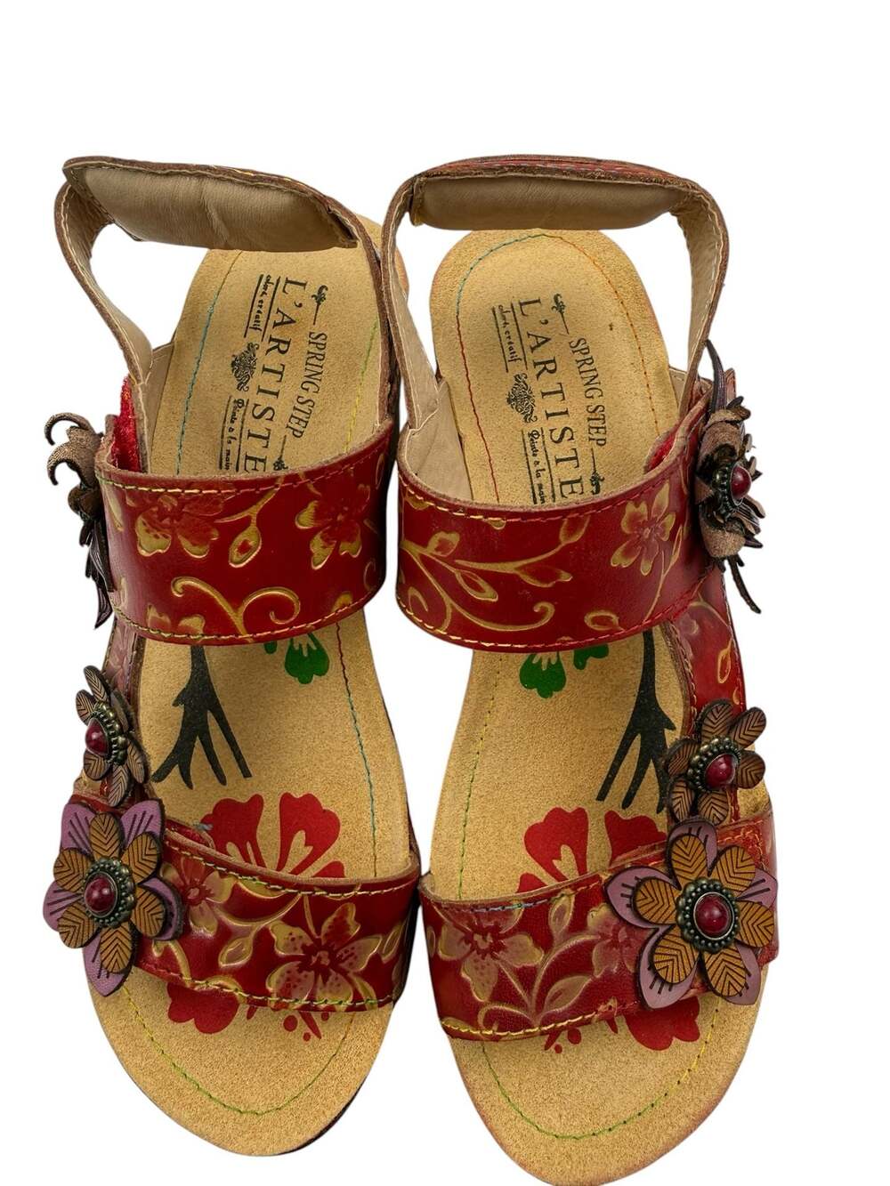 L'Artiste by Spring Step Pickford Red Floral Leather Wedge Sandals